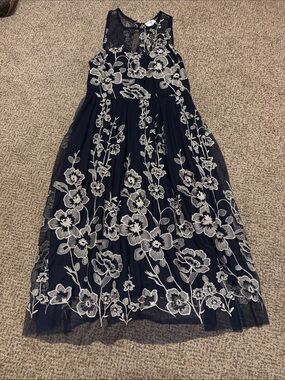 Navy Mesh Cocktail Dress with Floral Embroidery 10